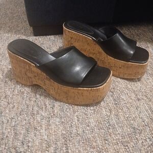 Black Platform Cork Wedge Sandals
